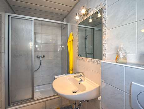 Das Badezimmer mit Dusche / WC in der Ferienwohnung Rehblick im Haus Faller.